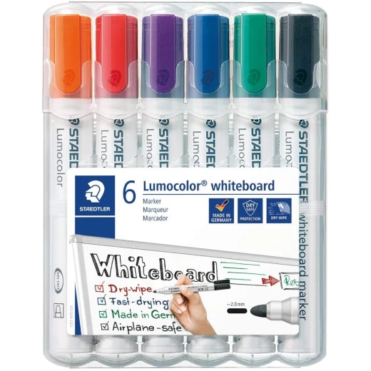 STAEDTLER 351 Lumocolour Whiteboard Marker with Bullet Tip - Assorted Colours, Pack of 6