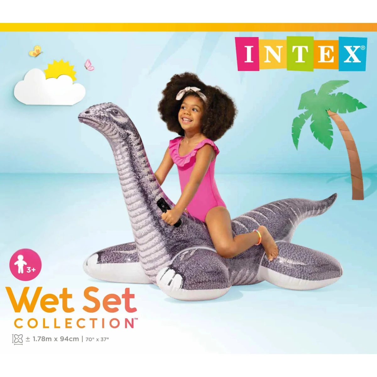 Intex Brontosaurus Ride-On Inflatable Float 178 × 94 cm Dinosaur Pool Float with Textured Finish, 3 Air Chambers & Handles Durable Vinyl with Repair Patch