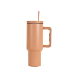 Travel Tumbler with Straw 16 oz Insulated Mug Beige with Handle Matte Finish Portable Cup for Hot &amp; Cold Drinks Leak-Resistant Lid