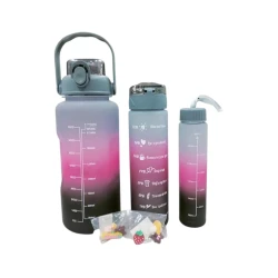 Motivational Gradient Water Bottles Set Black to Pink with Time Markings &amp; Encouraging Phrases Multiple Lid Options: Flip-Top, Spout, Straw BPA-Free Hydration Bottles