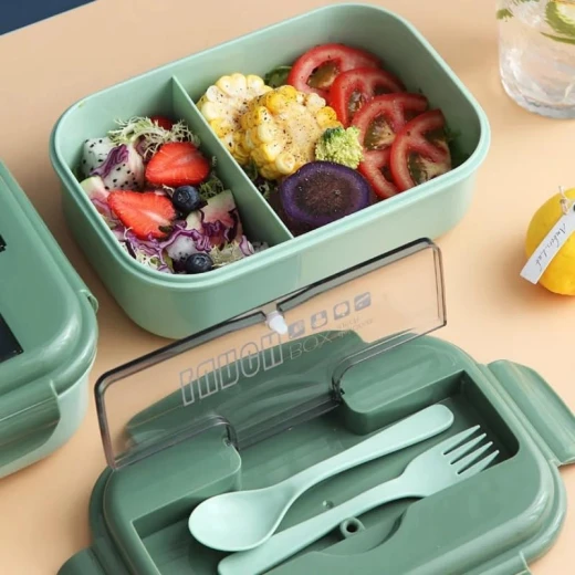 Lunch Box 1100ml Reusable Divided Container with 2 Compartments Leakproof Bento Boxes with Cutlery for Kids and Adults for School, Work and Travel (Green) - Stoys - Image 4