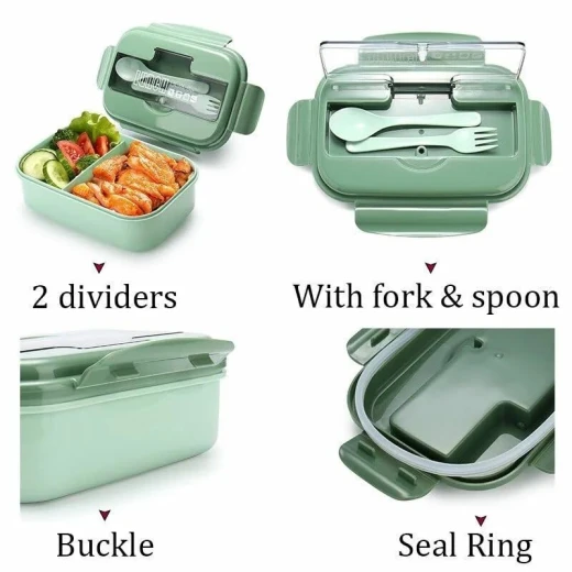 Lunch Box 1100ml Reusable Divided Container with 2 Compartments Leakproof Bento Boxes with Cutlery for Kids and Adults for School, Work and Travel (Green) - Stoys - Image 7