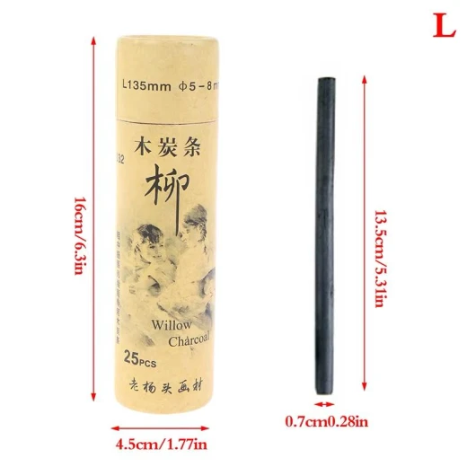 Natural Willow Charcoal – 25 Pieces – 13.5 × 0.7 cm – Cylindrical Tube Packaging - Sstationery - Image 2