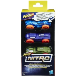 Nerf Nitro Foam Car Pack of 3 - Blue Camo, Purple, Green Muscle