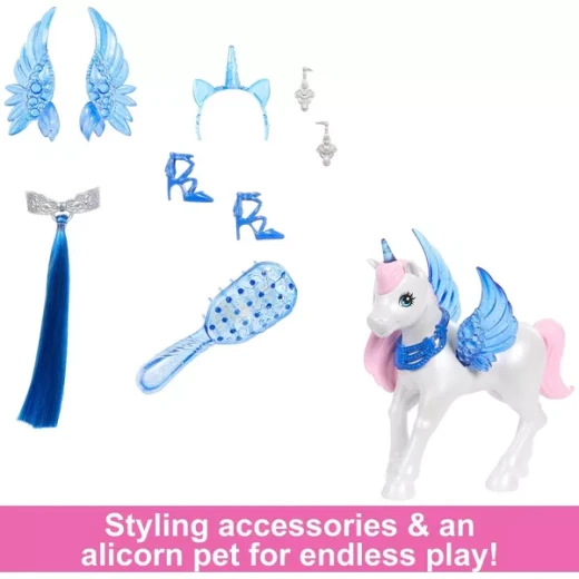 Mattel Barbie 65th Anniversary Unicorn Doll with Blue Hair, Pink Gown, Sapphire Wings &amp; Pet Alicorn - Barbie - Image 3
