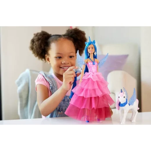 Mattel Barbie 65th Anniversary Unicorn Doll with Blue Hair, Pink Gown, Sapphire Wings &amp; Pet Alicorn - Barbie - Image 4