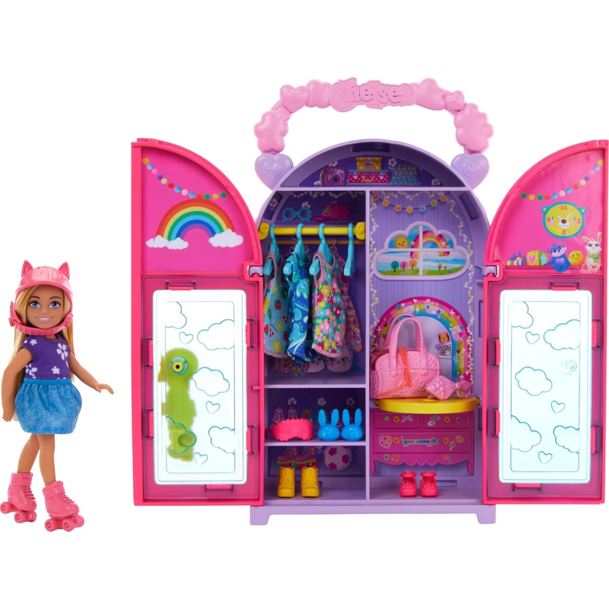 Mattel Barbie Chelsea Doll & Closet Playset with 15 Pieces Clothes & Accessories, Foldable Design for On The Go Play