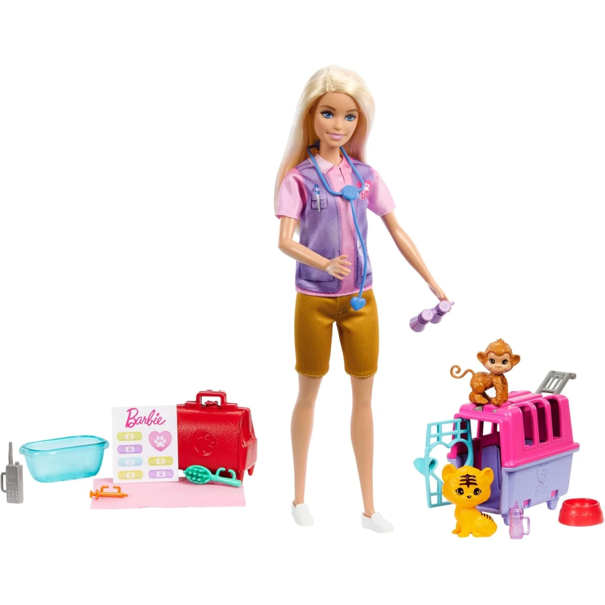 Barbie Animal Rescue Playset with Blonde Doll, Monkey & Tiger Figures, Carrier & Accessories for Kids