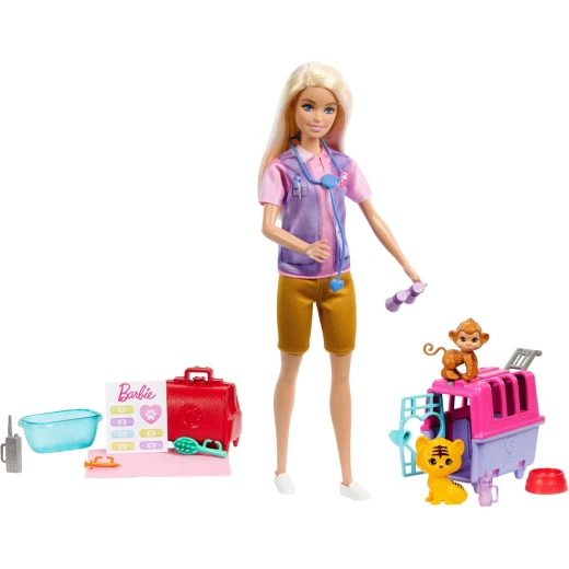 Barbie Animal Rescue Playset with Blonde Doll, Monkey & Tiger Figures, Carrier & Accessories for Kids