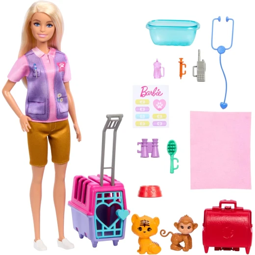 Barbie Animal Rescue Playset with Blonde Doll, Monkey &amp; Tiger Figures, Carrier &amp; Accessories for Kids - Barbie - Image 2