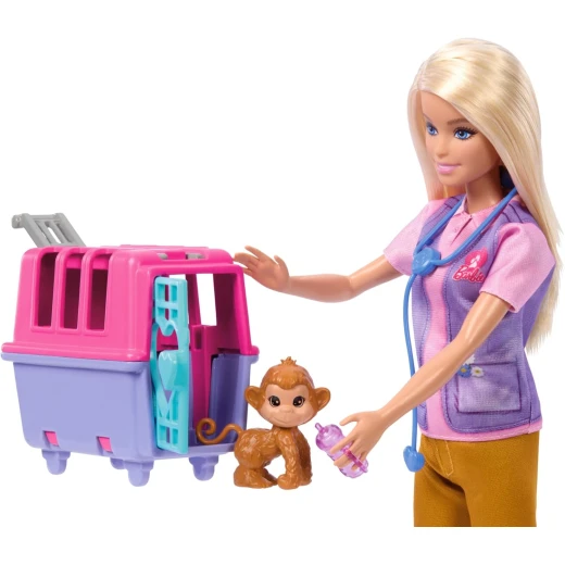 Barbie Animal Rescue Playset with Blonde Doll, Monkey &amp; Tiger Figures, Carrier &amp; Accessories for Kids - Barbie - Image 3
