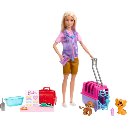 Barbie Animal Rescue Playset with Blonde Doll, Monkey &amp; Tiger Figures, Carrier &amp; Accessories for Kids - Barbie - Image 5