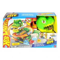 Mattel Hot Wheels City T-Rex Blaze Battle Playset: Interactive Dinosaur Car Track for Kids, Includes 1 T-Rex & Multiple Launch Zones