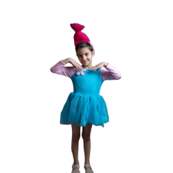 Whimsical Character-Inspired Kids Costume – Blue and Pink Dress with Tall Headpiece