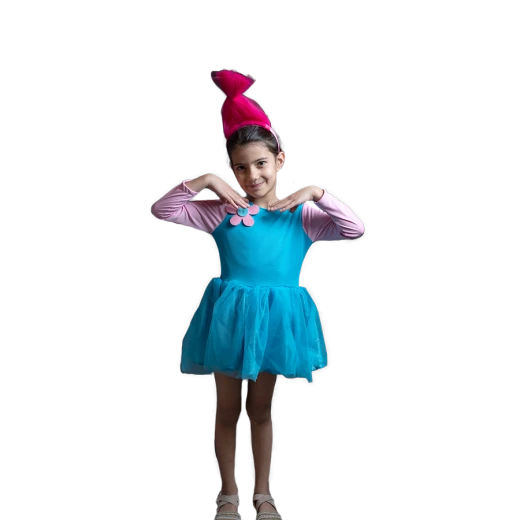 Whimsical Character-Inspired Kids Costume – Blue and Pink Dress with Tall Headpiece