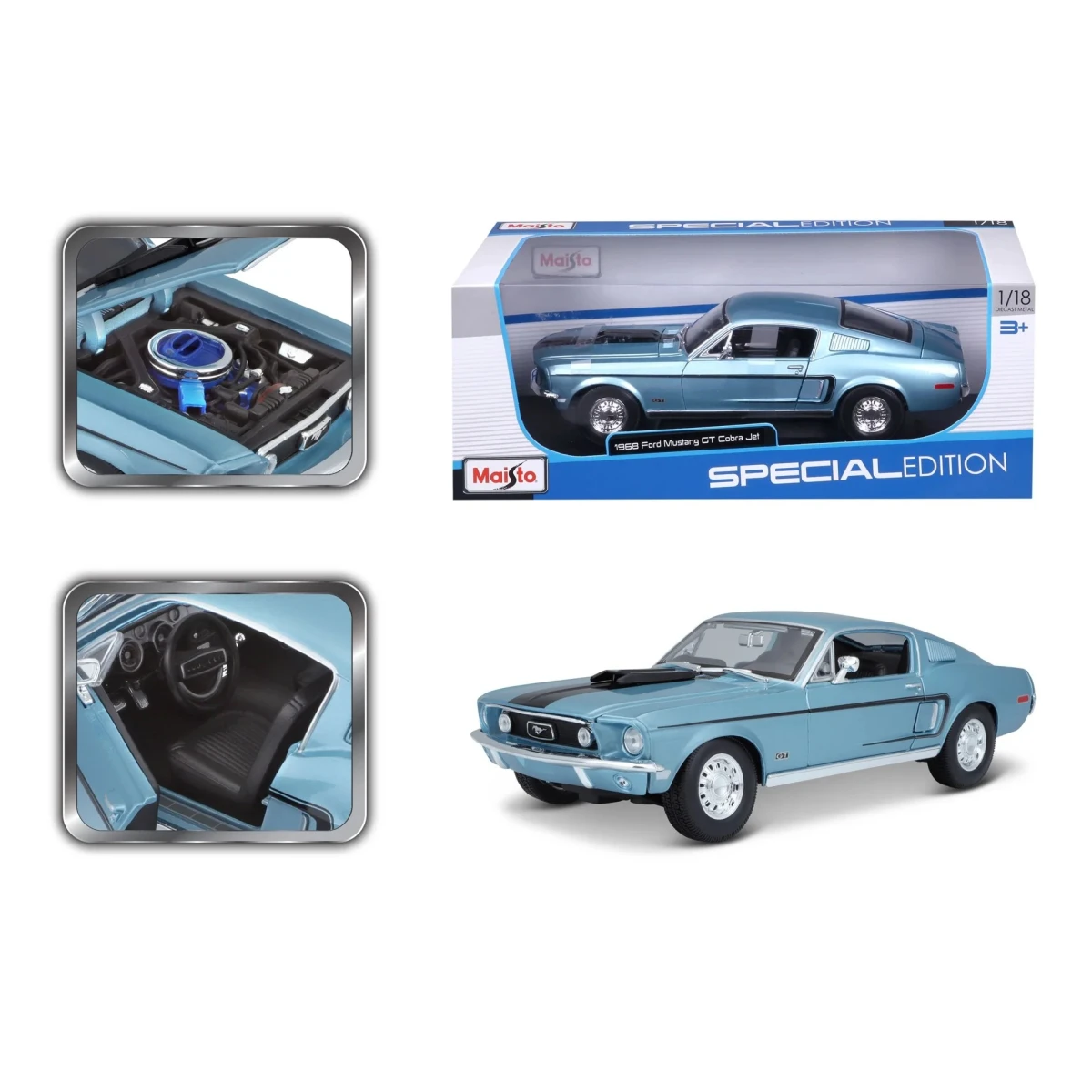 Maisto 31167 BU 1:18 Scale Ford Mustang GT Cobra Jet FB 1968 – Blue Die‑Cast Model Car, 1 Piece