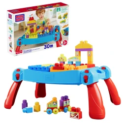 MEGA BLOKS First Builders Toddler Blocks Toy, Build ‘n Learn Portable Activity Table with 30 Pieces and Built-In Storage, Blue, Kids Ages 1+ Years