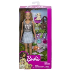 دمية Barbie مع جرو وأرنب و7 قطع إكسسوارات بطابع مميز