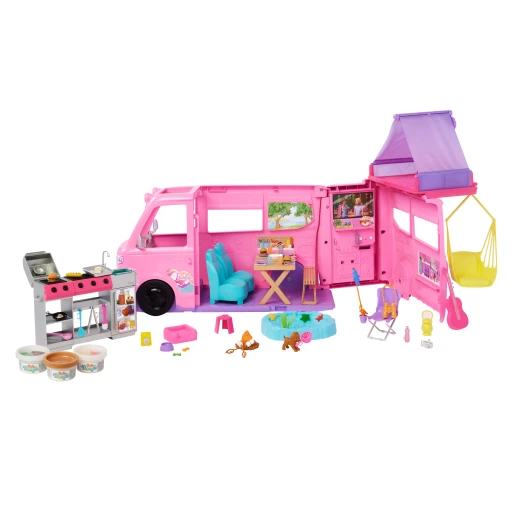 Barbie Dream Camper Playset with Roof Tent, Swing Chair, Fishing Pond, BBQ Grill with Color-Change Feature &amp; 60+ Accessories Including Dough - Barbie - Image 2