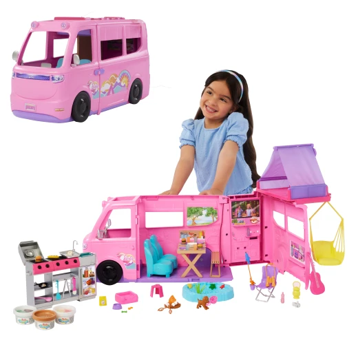 Barbie Dream Camper Playset with Roof Tent, Swing Chair, Fishing Pond, BBQ Grill with Color-Change Feature &amp; 60+ Accessories Including Dough - Barbie - Image 4