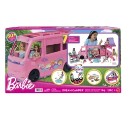 مجموعة لعب Barbie Dream Camper مع خيمة على السقف، كرسي أرجوحة، بركة صيد، شواية بميزة تغيير اللون وأكثر من 60 إكسسوار تشمل عجينة لعب