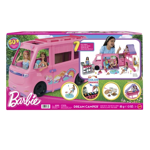 Barbie Dream Camper Playset with Roof Tent, Swing Chair, Fishing Pond, BBQ Grill with Color-Change Feature & 60+ Accessories Including Dough Barbie Dream Camper Playset with Roof Tent, Swing Chair, Fishing Pond, BBQ Grill with Color-Change Feature & 60+ Accessories Including Dough