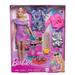 دمية Barbie مع ملابس وإكسسوارات، بشعر أشقر و3 أطقم حفلات قابلة للتنسيق والتبديل تشمل فساتين وحقائب وأحذية بكعب عالٍ