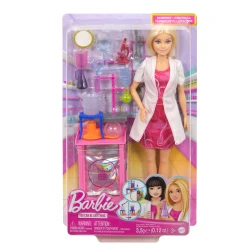 دمية Barbie عالِمة مع إكسسوارات، دمية أزياء شقراء مع طاولة مختبر ومجهر وإكسسوارات كأس مخبري وطبق بتري بميزة تغيير اللون