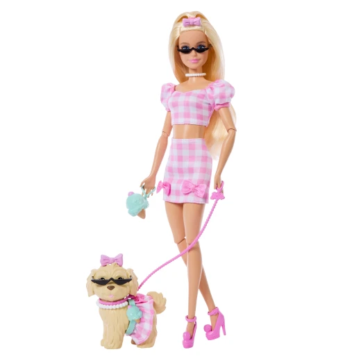 Barbie Twinning Looks Doll with Pet Dog in Matching Pink Gingham Clothes and Accessories for Both like Sunglasses, Necklaces and Bows, Blonde - Barbie - Image 3