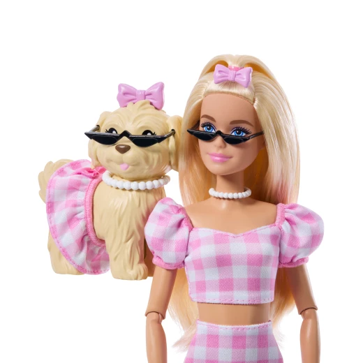 Barbie Twinning Looks Doll with Pet Dog in Matching Pink Gingham Clothes and Accessories for Both like Sunglasses, Necklaces and Bows, Blonde - Barbie - Image 4