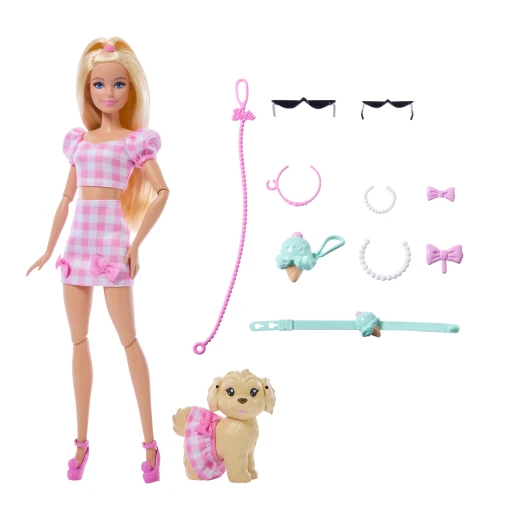 Barbie Twinning Looks Doll with Pet Dog in Matching Pink Gingham Clothes and Accessories for Both like Sunglasses, Necklaces and Bows, Blonde - Barbie - Image 6