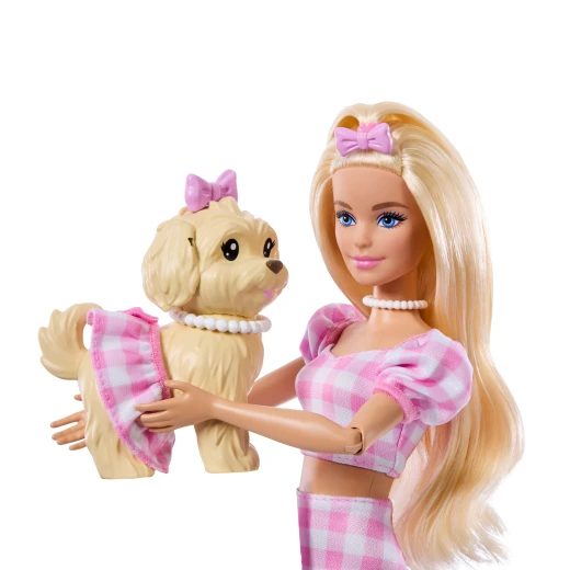 Barbie Twinning Looks Doll with Pet Dog in Matching Pink Gingham Clothes and Accessories for Both like Sunglasses, Necklaces and Bows, Blonde - Barbie - Image 5