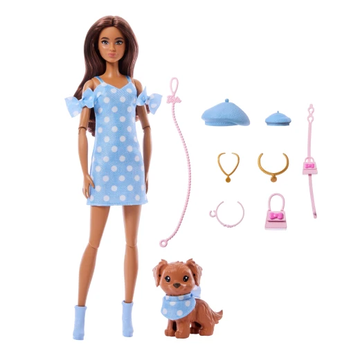 Barbie Twinning Looks Doll with Pet Dog in Matching Blue Polka Dot Clothes and Accessories for Both like Berets and Purses, Brown Hair - Barbie - Image 5