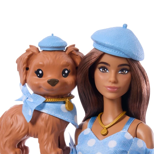 Barbie Twinning Looks Doll with Pet Dog in Matching Blue Polka Dot Clothes and Accessories for Both like Berets and Purses, Brown Hair - Barbie - Image 4