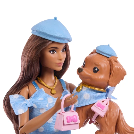 Barbie Twinning Looks Doll with Pet Dog in Matching Blue Polka Dot Clothes and Accessories for Both like Berets and Purses, Brown Hair - Barbie - Image 6