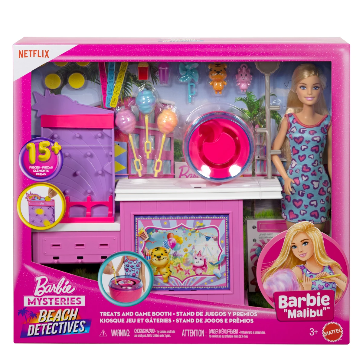 Barbie Mysteries: Beach Detectives Malibu Doll & Cotton Candy Game Booth Playset with 20 Accessories Including Prizes