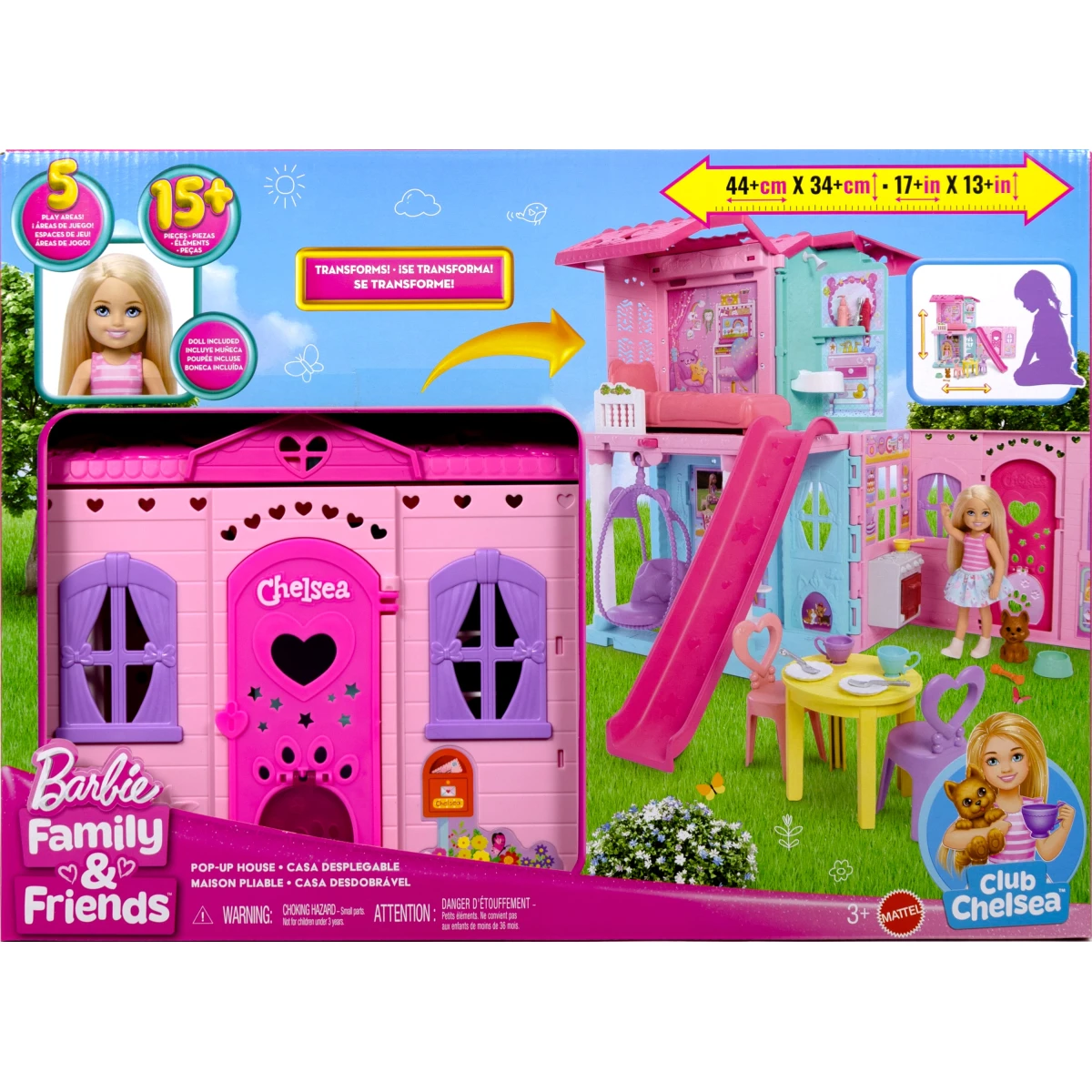 Barbie Chelsea Toy Dollhouse with 15+ Accessories, Pop-Up House Expands to 17+ x 13+ inches with 5 Play Areas & Slide, Includes Small Doll & Pet Dog