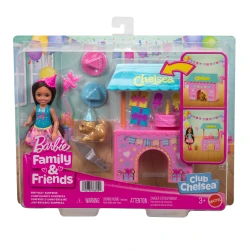 مجموعة Barbie Family &amp; Friends Club Chelsea Surprise Birthday Party مع دمية تشيلسي صغيرة (شعر بني)، بيت كلب قابل للتحول وأكثر من 10 إكسسوارات
