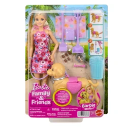 مجموعة Barbie Walk &amp; Potty Pup، تشمل كلب ألعاب يمشي ويتبول، دمية Barbie “Malibu”، بالإضافة إلى مجرفة تنظيف وإكسسوارات للحيوان الأليف