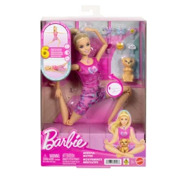 دمية Barbie Mindful Moves بملابس يوغا مع 6 أوضاع تأمل مفعّلة بالأضواء والصوت والموسيقى، جرو مع 6 إكسسوارات قابلة للتركيب، بشعر أشقر
