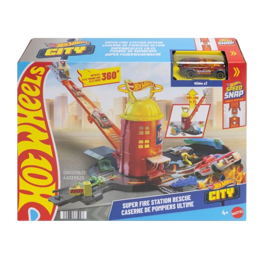 Hot Wheels Toy Car Track Set, City Super Fire Station Rescue Playset & 1:64 Scale Fire Truck, Ladder-Track Extends 16”, 4 Different Exits, Easy Storage Hot Wheels Toy Car Track Set, City Super Fire Station Rescue Playset & 1:64 Scale Fire Truck, Ladder-Track Extends 16”, 4 Different Exits, Easy Storage