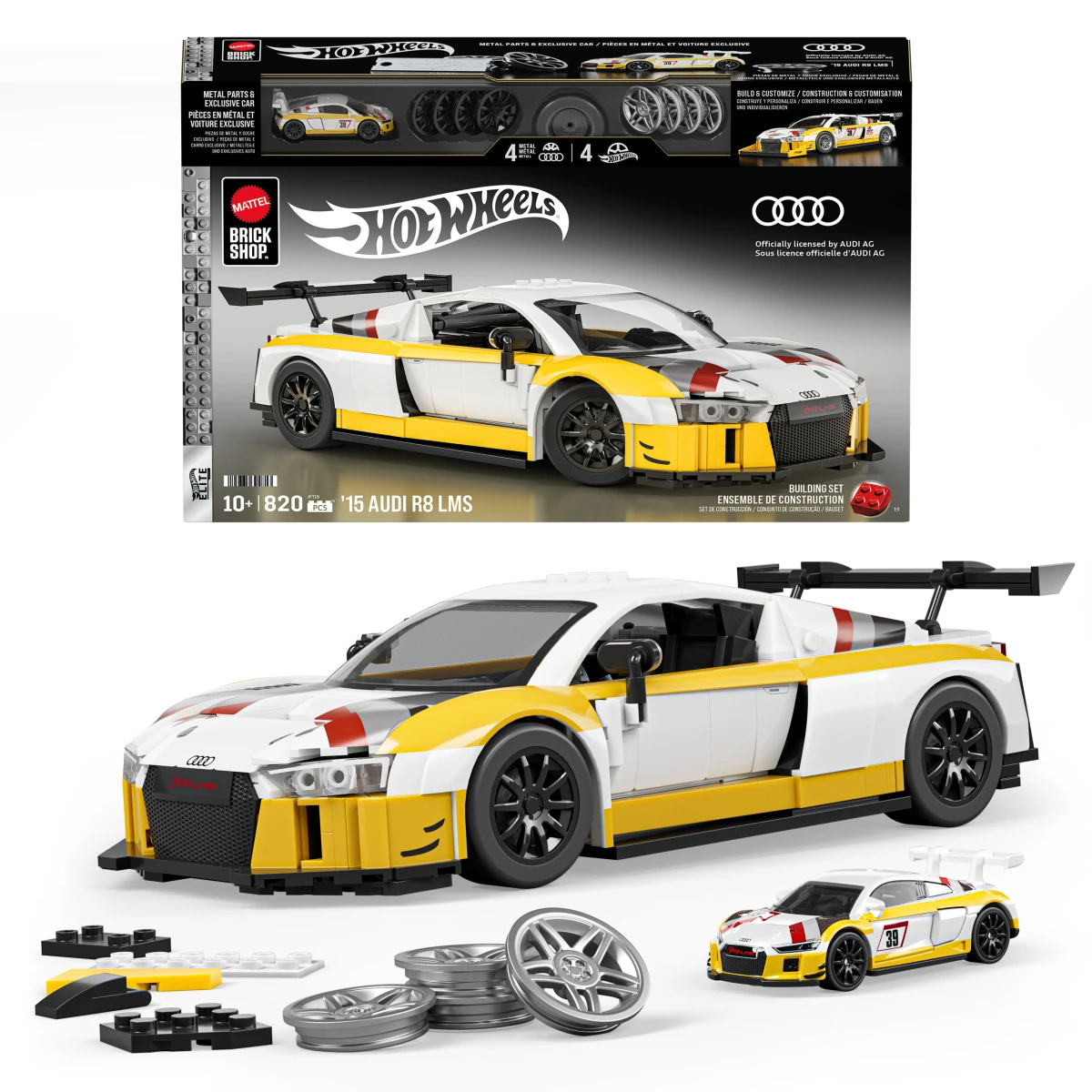 Mattel Brick Shop Hot Wheels Elite Series Building Set, ’15 Audi R8 LMS with 820 Pieces, Realistic Details and Custom Decals, Adult Collectors and Kids Ages 10+