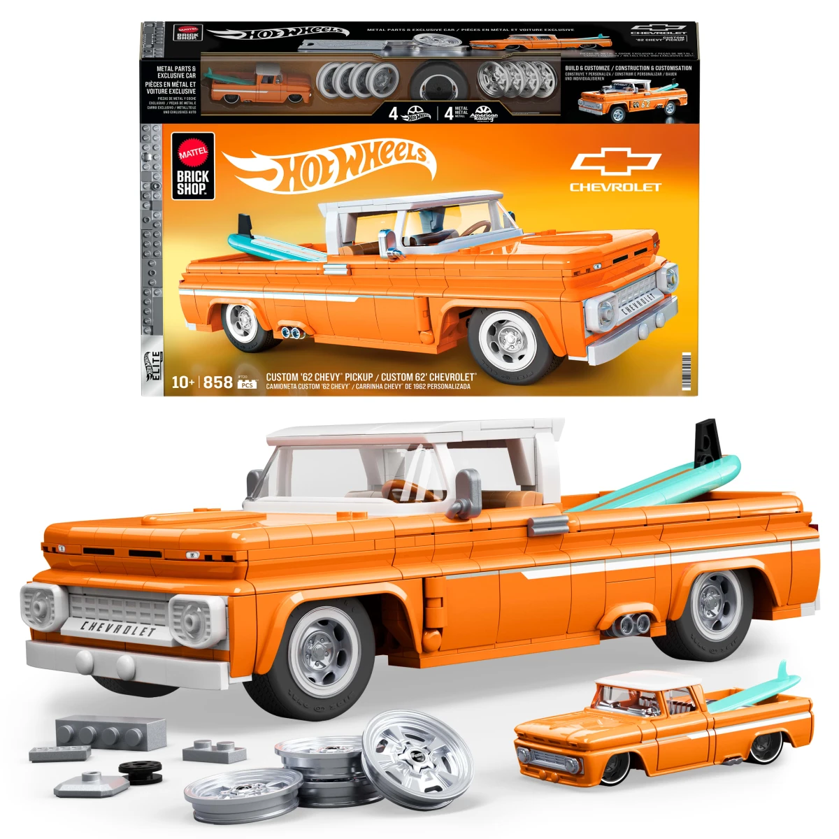 Mattel Brick Shop Hot Wheels Elite Series Building Set, Custom ’62 Chevy Pickup with 858 Pieces, Realistic Details and Custom Decals, Adult Collectors and Kids Ages 10+