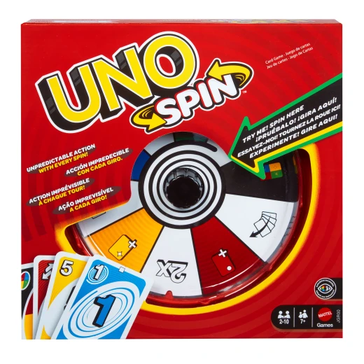 Mattel Games UNO Spin Card Game for Kid, Adult & Family Nights, Classic Play with Toy Spinner, New Challenges & Rules, Rainy Day Activity Mattel Games UNO Spin Card Game for Kid, Adult & Family Nights, Classic Play with Toy Spinner, New Challenges & Rules, Rainy Day Activity