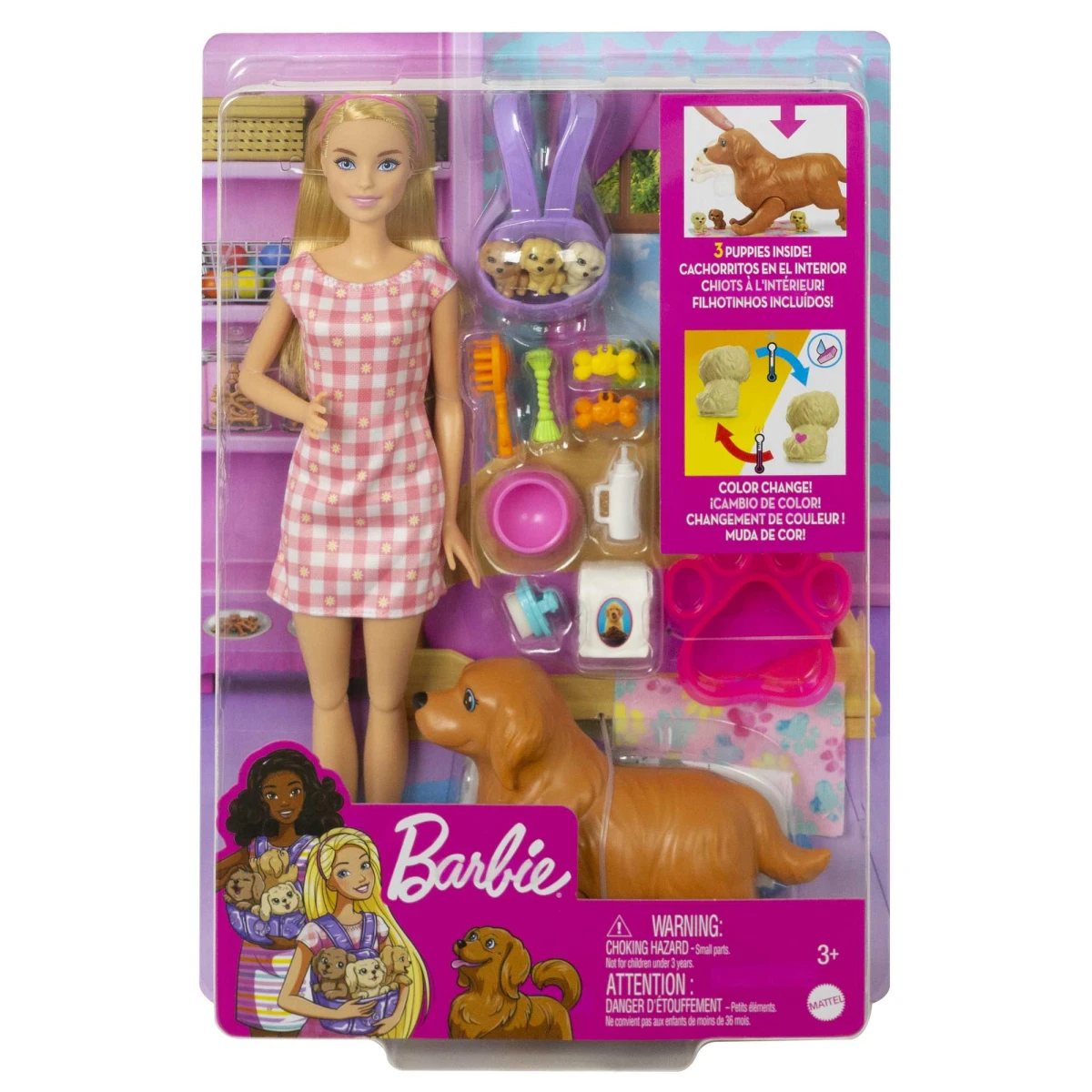 Barbie Doll & Pets Set, Blonde with Mommy Dog, 3 Newborn Puppies with Color-Change Feature & Pet Accessories​