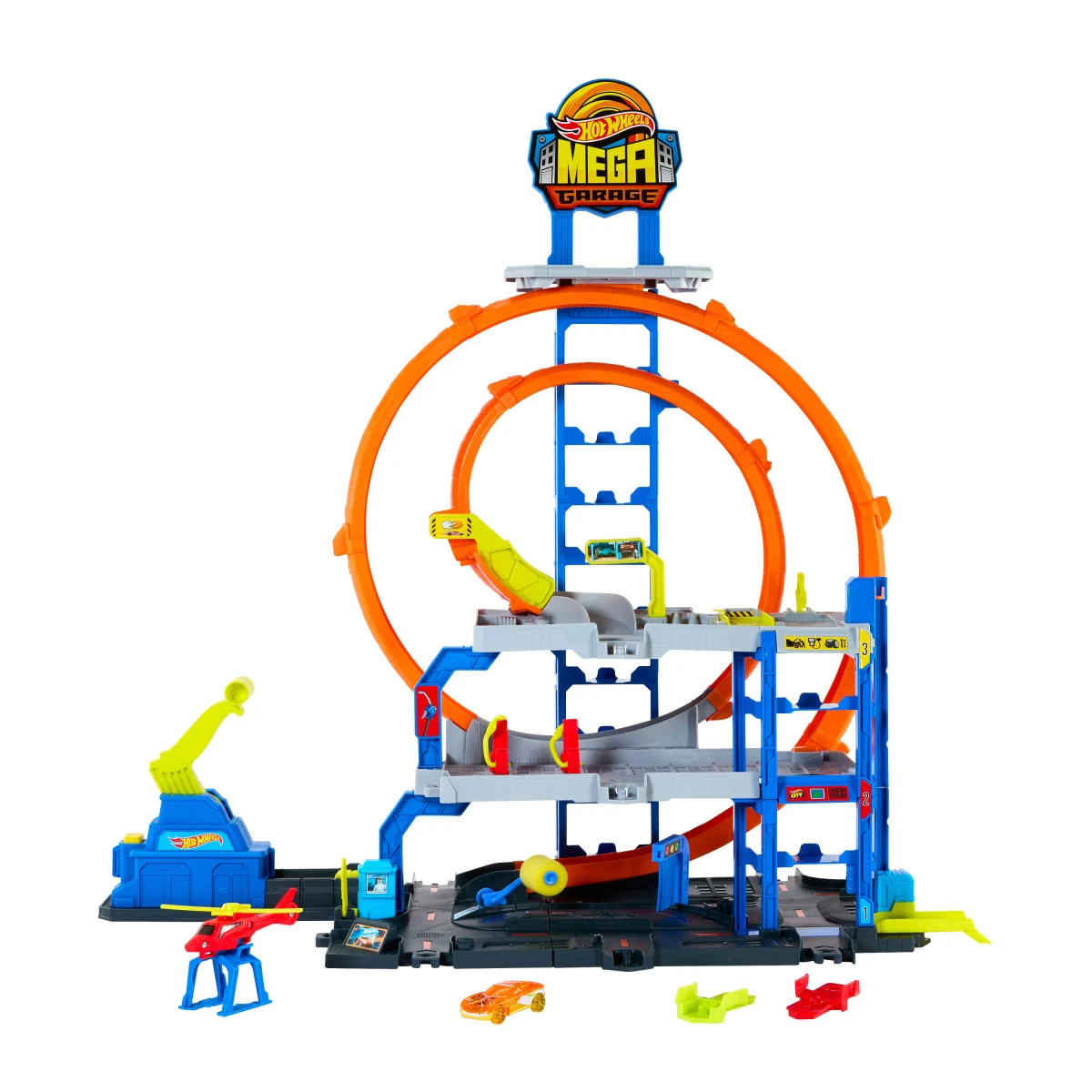 Hot Wheels Mega Loop Garage Playset – 3 Levels, Double Loop, Car Wash, Storage for 36 Cars, with Die-Cast Car & Helicopter