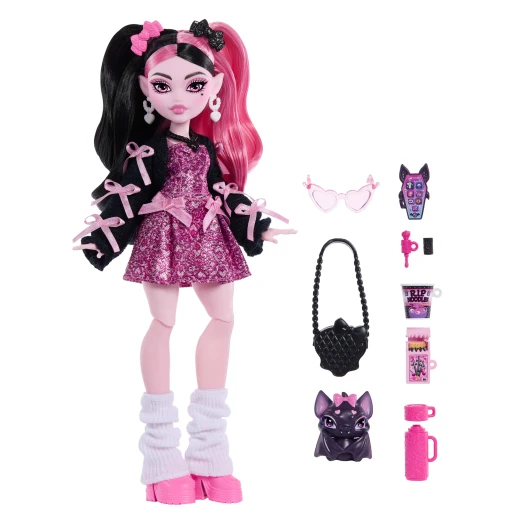 Monster High Draculaura Doll – Pink Bow Dress &amp; Black Cardigan with Pet Bat Count Fabulous &amp; 7 Accessories - Monster High - Image 5