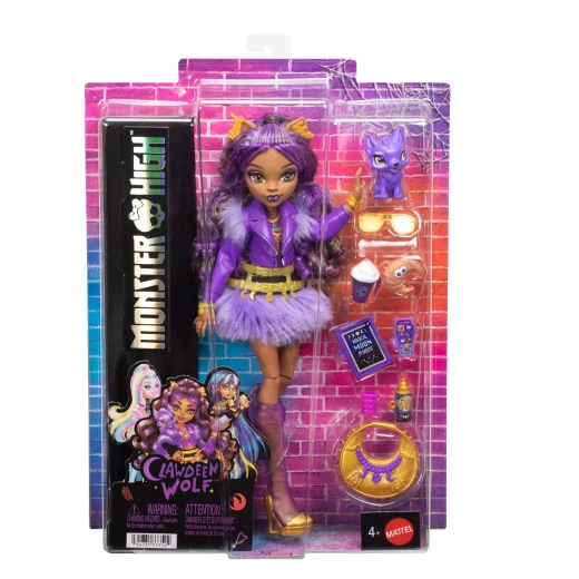 Monster High Clawdeen Wolf Doll – Purple Moto Jacket & Furry Skirt with Pet Wolf Pup Crescent & 7 Accessories