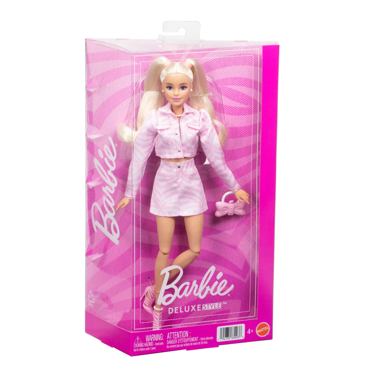 Barbie Deluxe Style Doll #9 – Pink Denim Jacket & Skirt Set, Blonde Hair with Bow Clutch & Pearly Jewellery