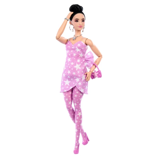 Barbie Deluxe Style Doll #11 – Pink Denim Star-Print Dress, Black Hair in High Bun with Handbag &amp; Jewellery - Barbie - Image 2